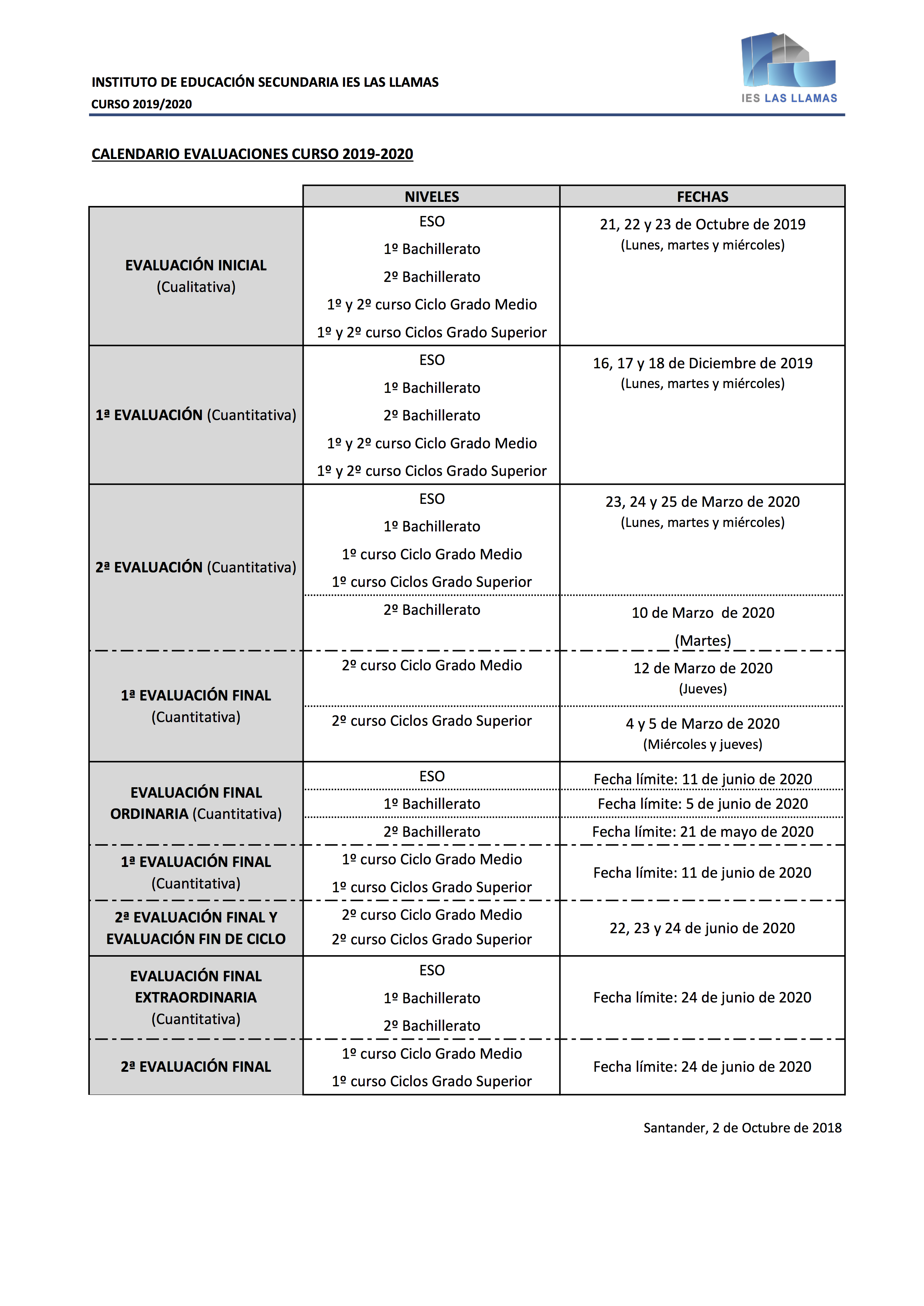 CALENDARIO EVALUACIONES 2019 2020