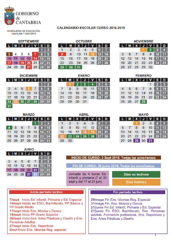 Calendario escolar 18 19