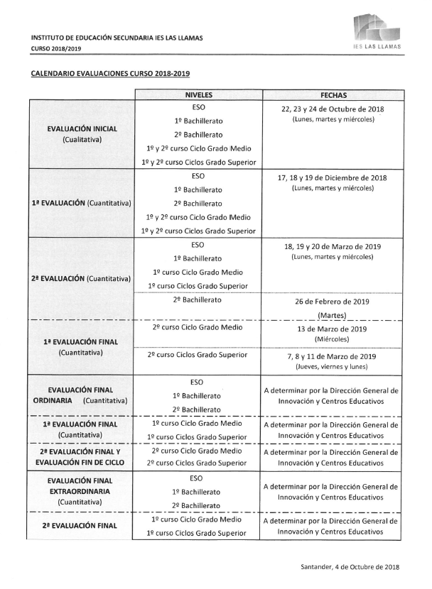 Calendario evaluaciones 18 19